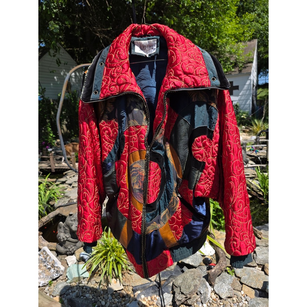 Vintage Neiman Marcus Patchwork Quilted Bomber Jacket Red Blue Mixed Media Large